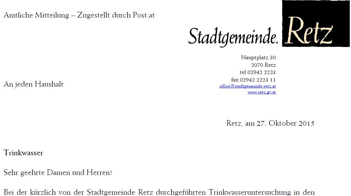Hinweis Trinkwasserqualität in Retz veröffentlicht durch die Stadtgemeinde Retz