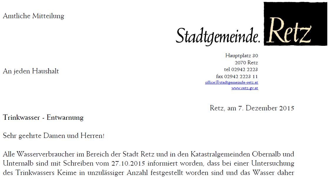 Trinkwasser – Entwarnung vom 7. Dezember 2015