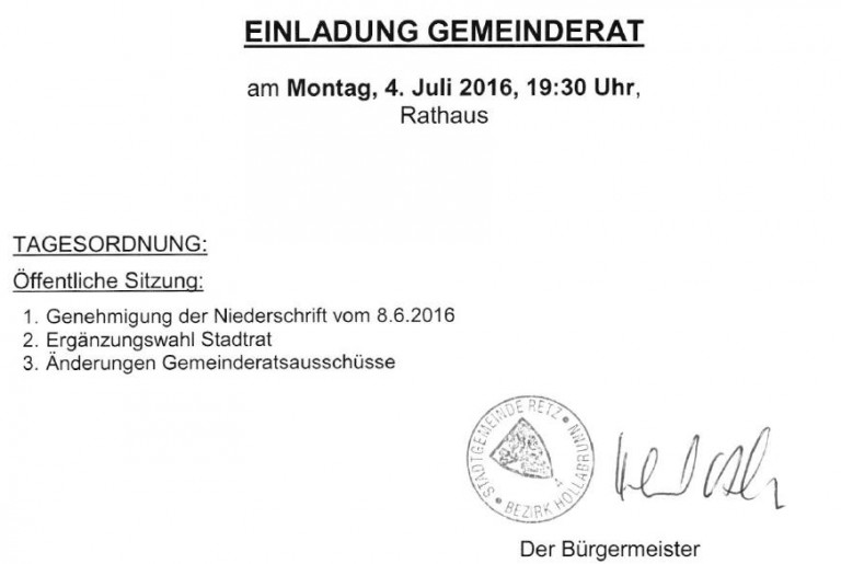 Gemeinderatssitzung am Mo. 4. Juli 2016 um 19:30 Uhr