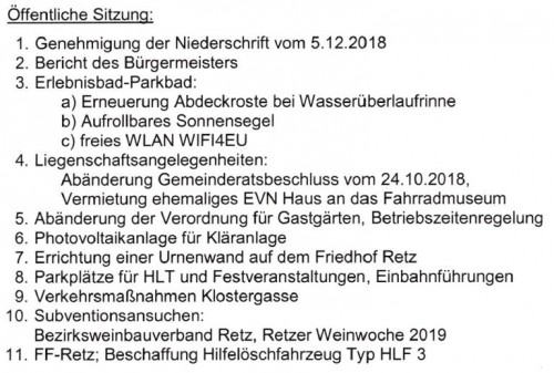 Tagesordnung Gemeinderat Retz für 23.Jänner 2019