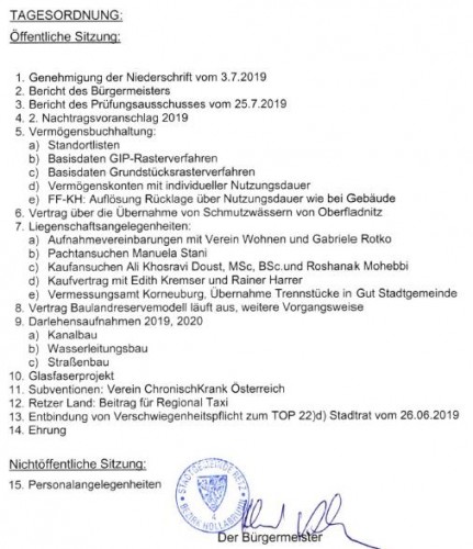 Tagesordnung Gemeinderat vom 11. September 2019